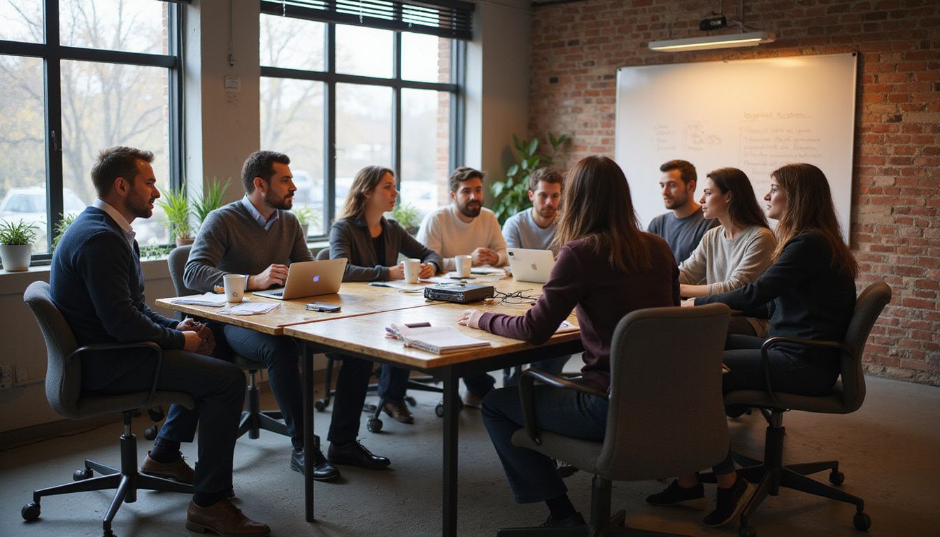 A diverse team collaborates in a busy office workshop setting. A diverse team collaborates in a busy office workshop setting.