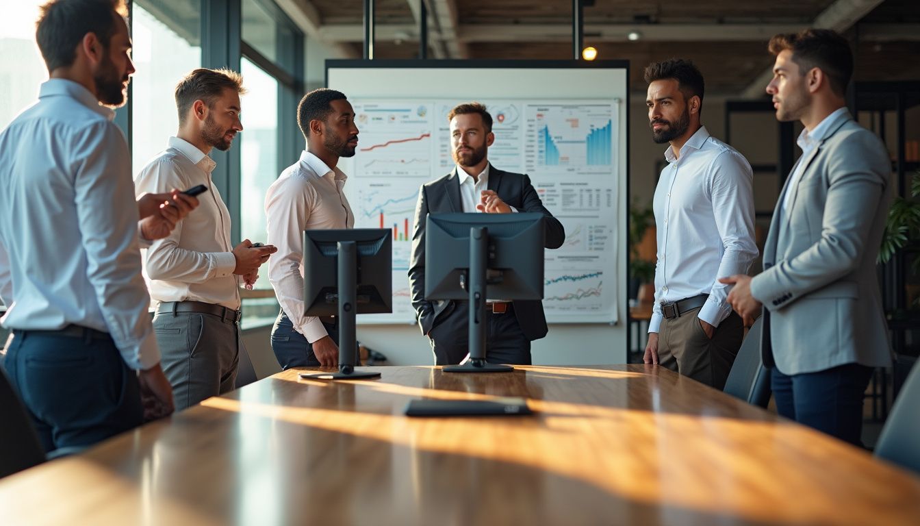 A focused sales team analyzes reports in a modern office setting. A focused sales team analyzes reports in a modern office setting.