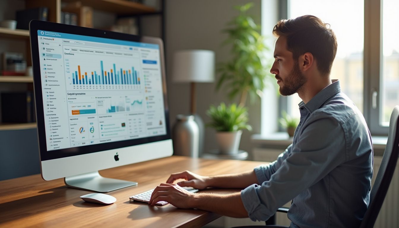 A modern office desk features a computer displaying marketing metrics and tasks. A modern office desk features a computer displaying marketing metrics and tasks.
