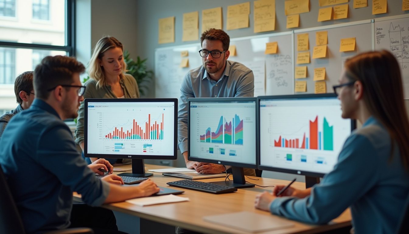 A focused sales team collaborates in a modern office environment. A focused sales team collaborates in a modern office environment.