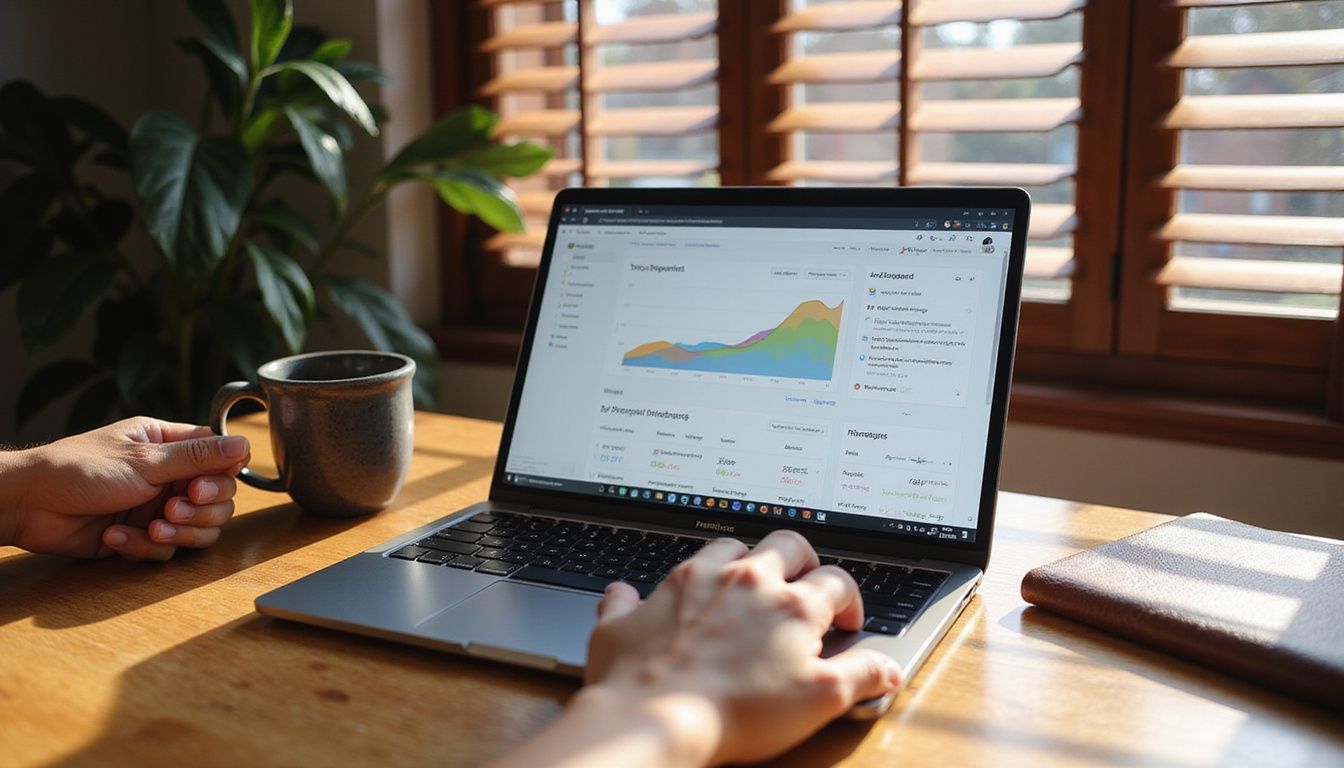 A modern workspace with a laptop, mug, and notebook. A modern workspace with a laptop, mug, and notebook.