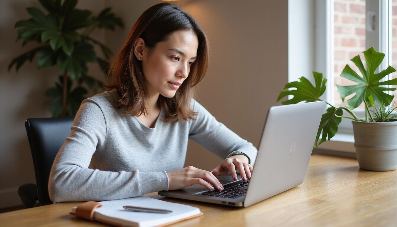 A focused woman analyzes sales data at her modern home office desk. A focused woman analyzes sales data at her modern home office desk.