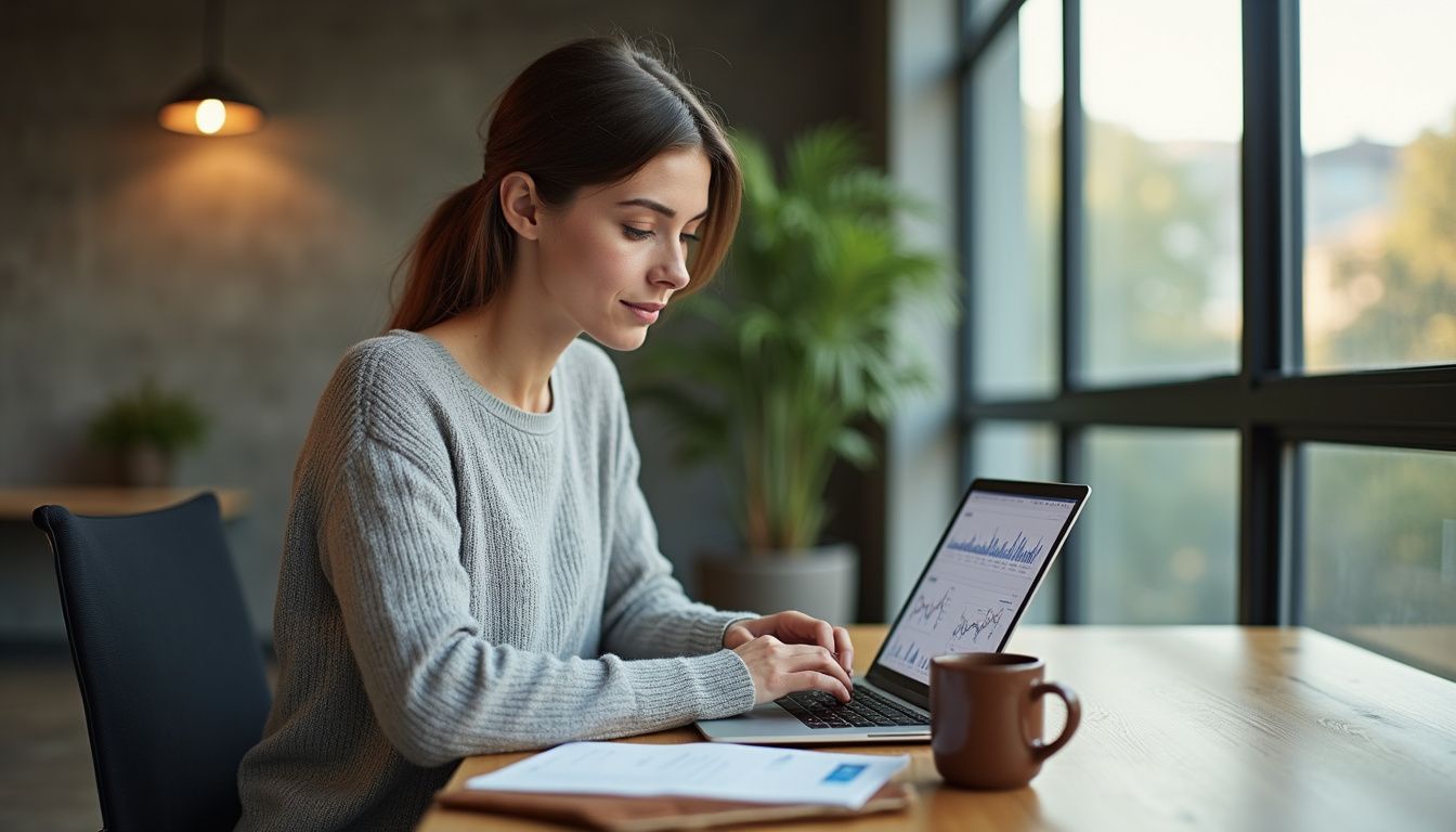 A focused woman reviews sales graphs at her polished office desk. A focused woman reviews sales graphs at her polished office desk.