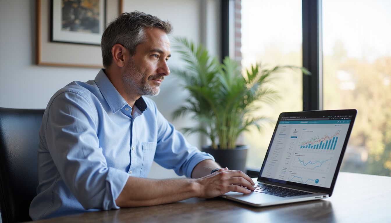 A focused middle-aged man works on a laptop in a stylish office. A focused middle-aged man works on a laptop in a stylish office.