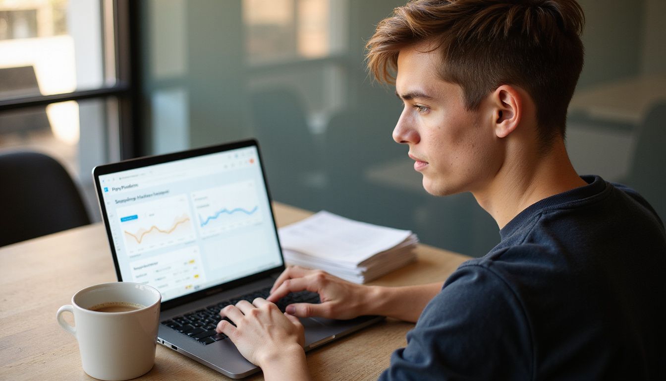 A professional focused on a laptop amidst a busy office setting. A professional focused on a laptop amidst a busy office setting.