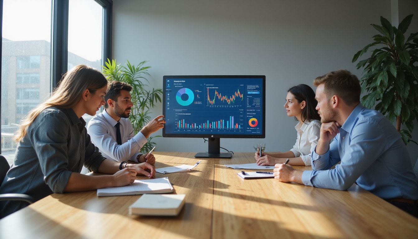 Colleagues collaborate around a table, analyzing sales data on a monitor. Colleagues collaborate around a table, analyzing sales data on a monitor.