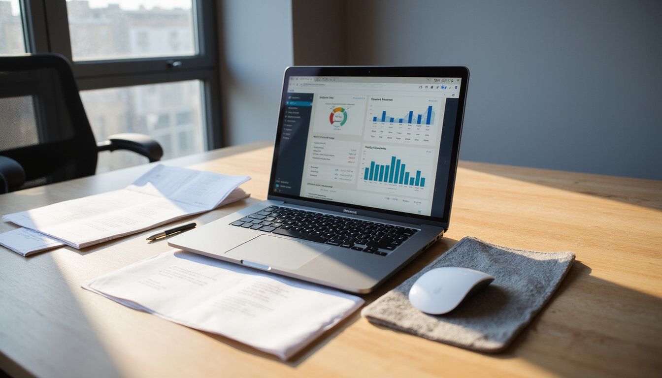 A sleek, organized office desk with a laptop and printed reports. A sleek, organized office desk with a laptop and printed reports.