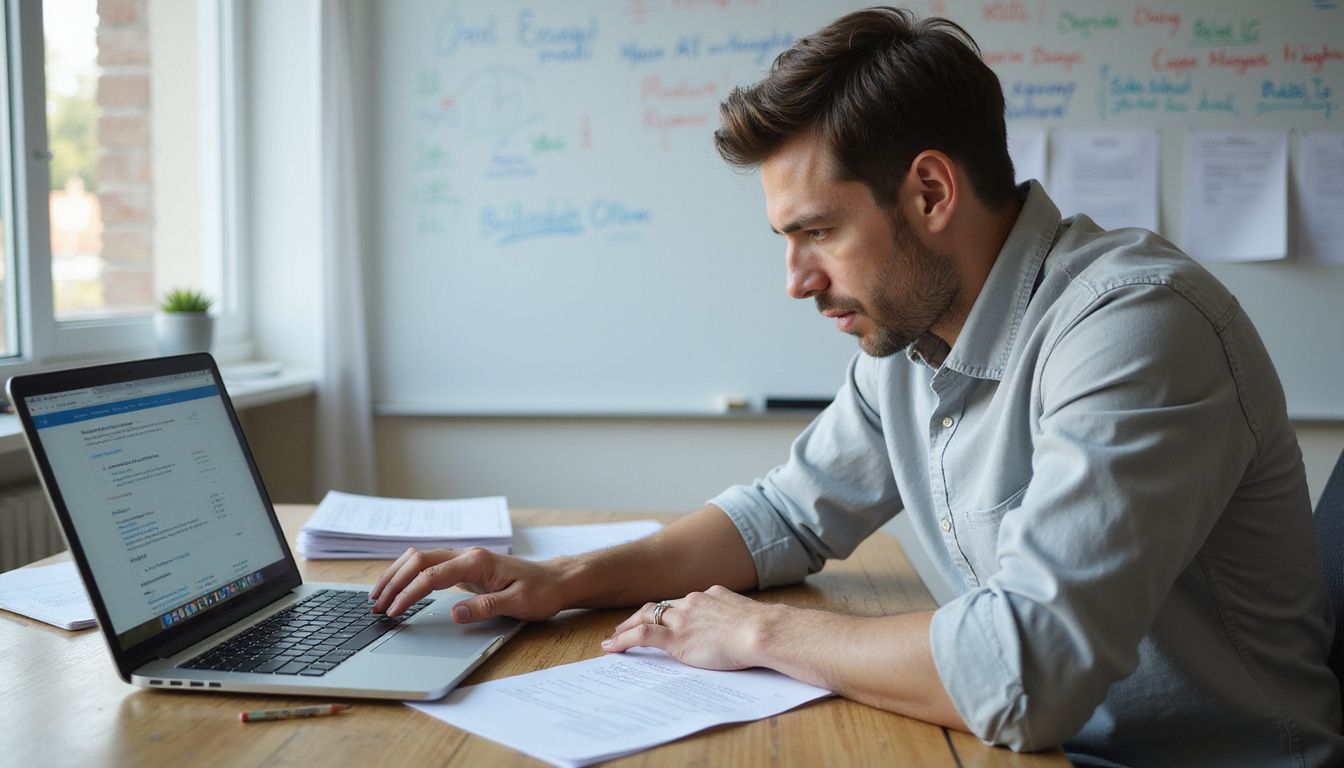 A focused individual works on sales reports at a cluttered desk. A focused individual works on sales reports at a cluttered desk.