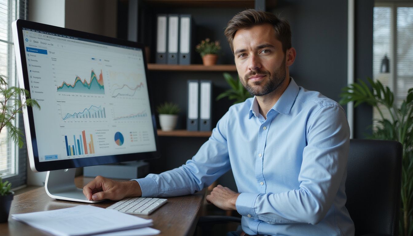 A sales manager analyzes data at a sleek, modern office desk. A sales manager analyzes data at a sleek, modern office desk.