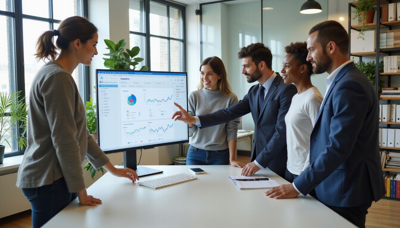 A diverse sales team collaborates around a computer monitor displaying reports. A diverse sales team collaborates around a computer monitor displaying reports.