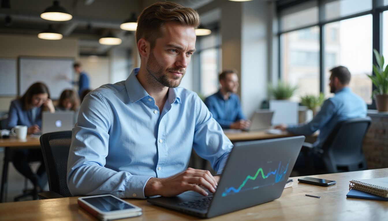 A focused sales manager works on a laptop in a busy office. A focused sales manager works on a laptop in a busy office.