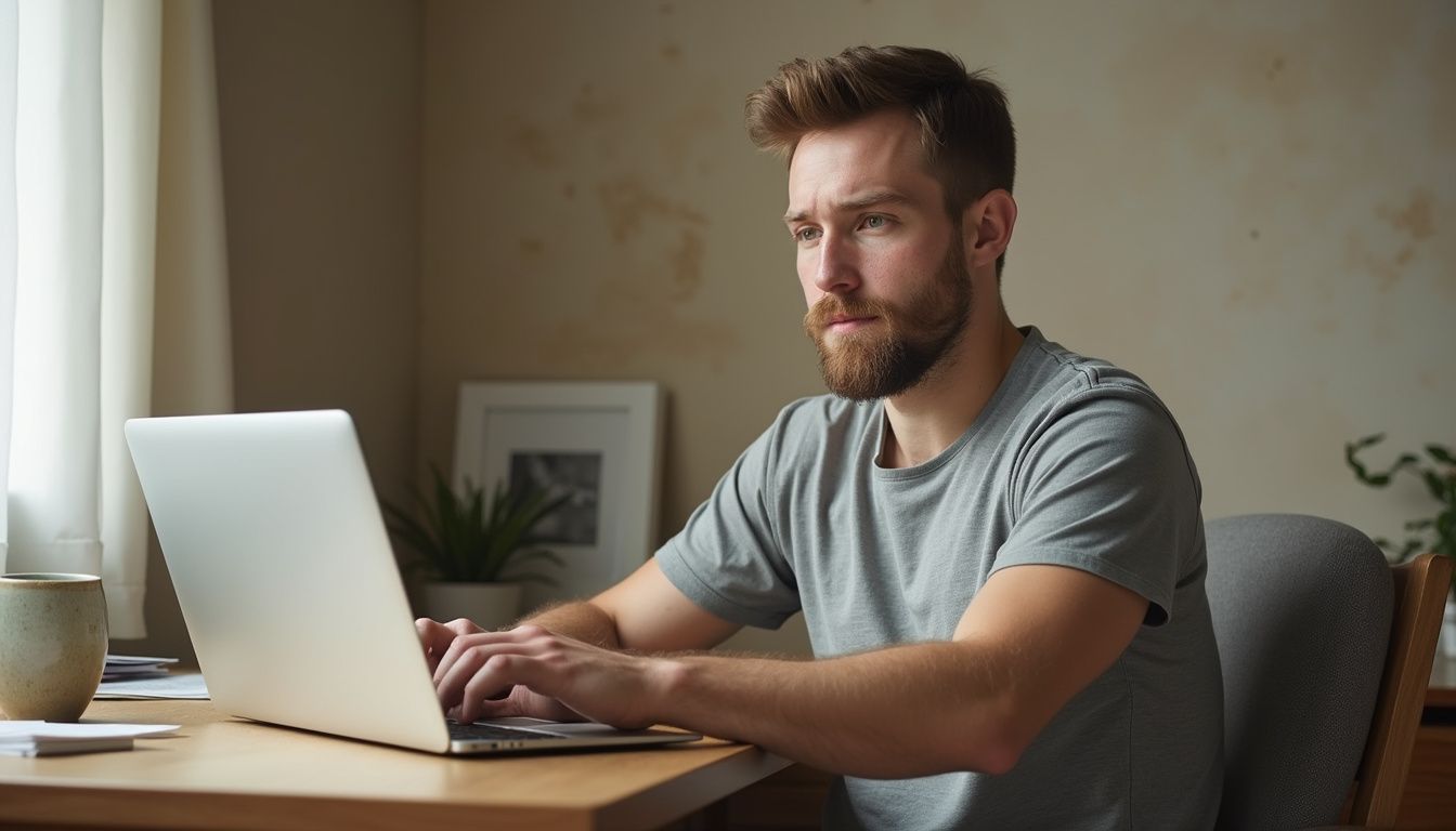 A man types intently at a modest home office desk.