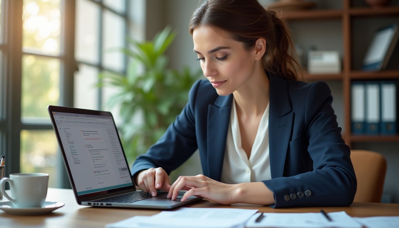 A focused professional woman types on a laptop at her desk.