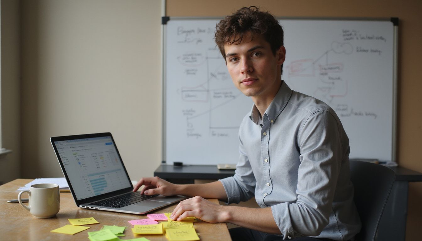A focused professional organises vibrant notes at a wooden desk.
