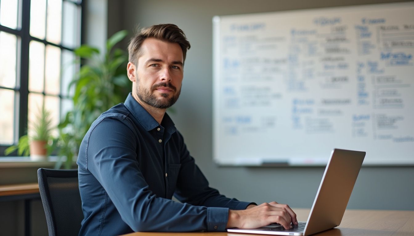 A focused salesperson types at a modern desk with notes behind.
