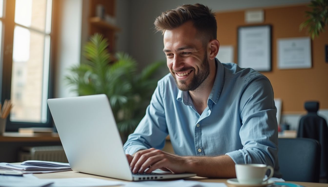A sales team leader enjoys a satisfying work moment at his desk.