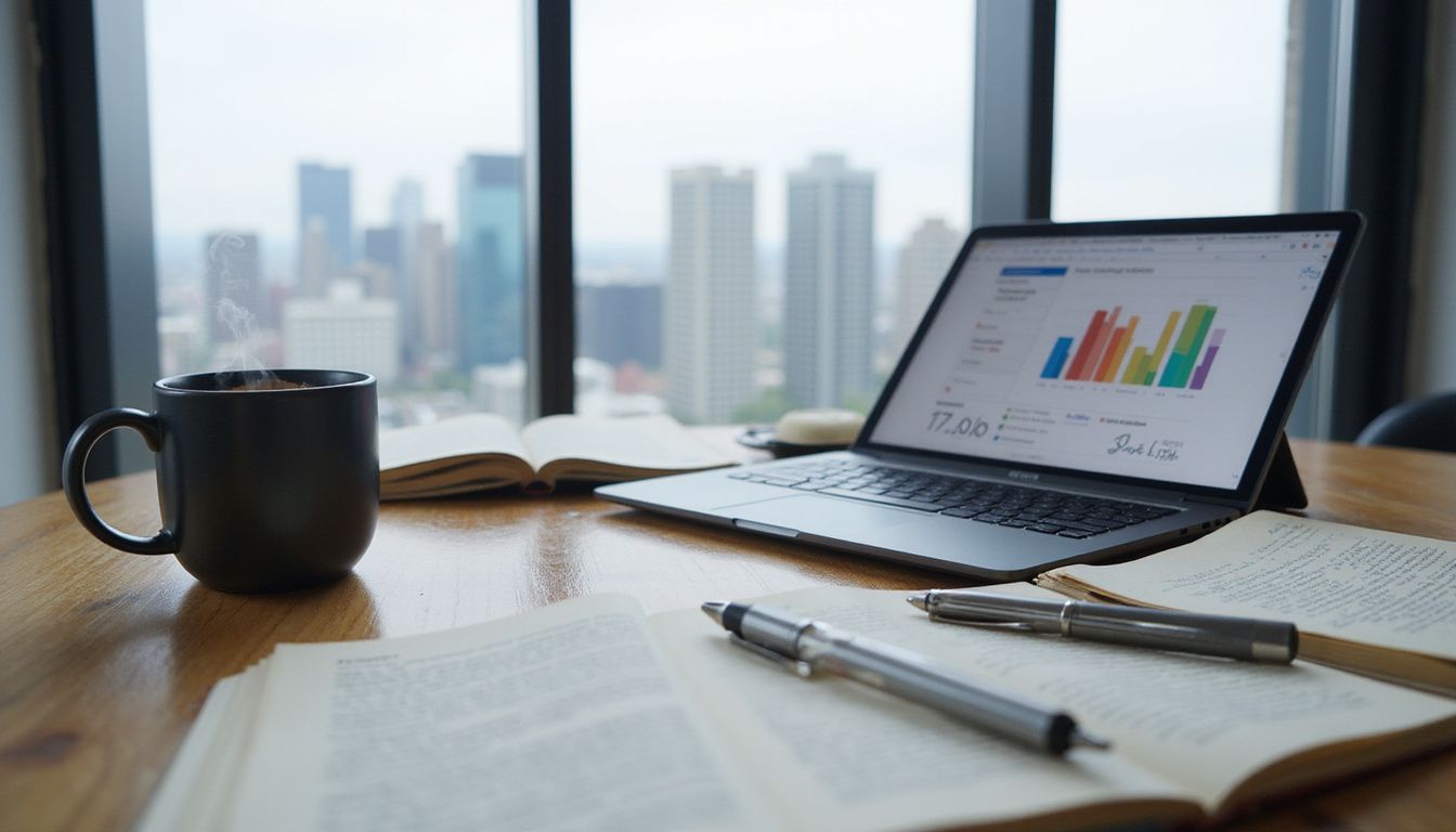 A polished desk displays a laptop, notebooks, and a steaming coffee mug.