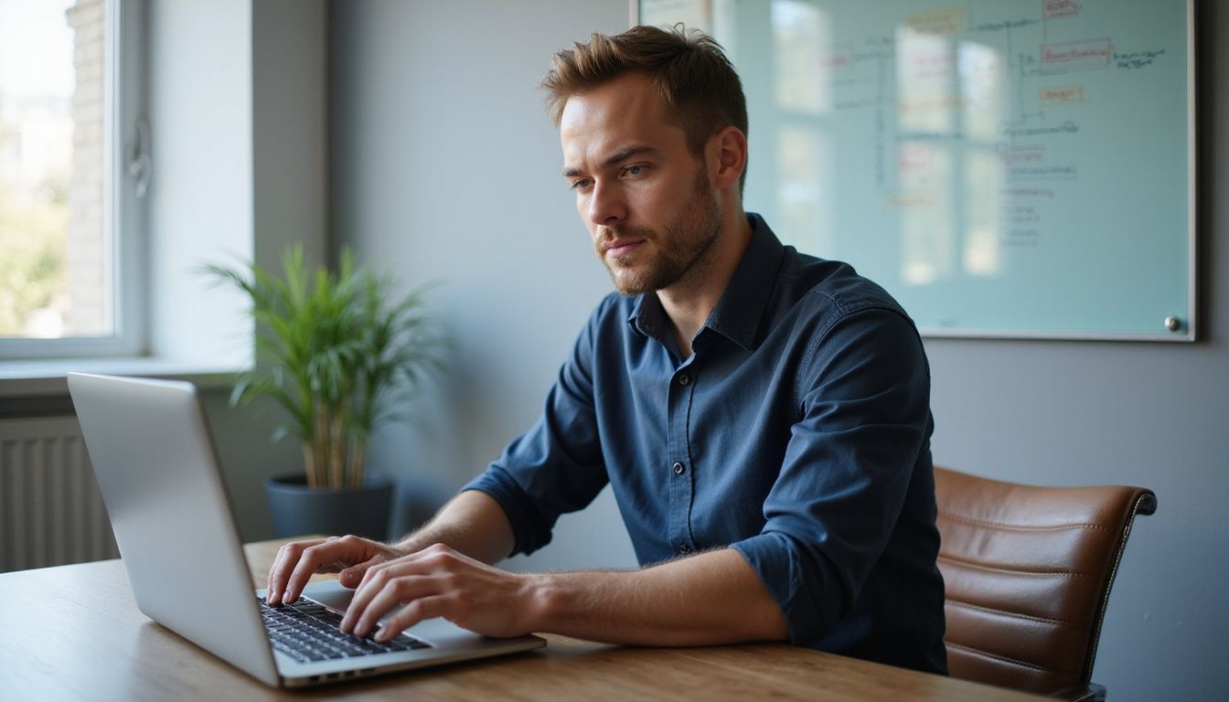 A focused man works on a laptop at a contemporary office desk.