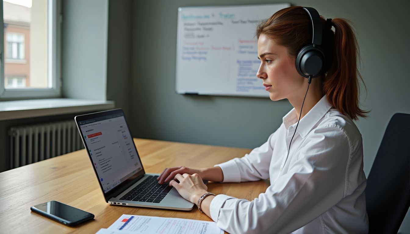 A focused woman works at a desk, engaged with her laptop.