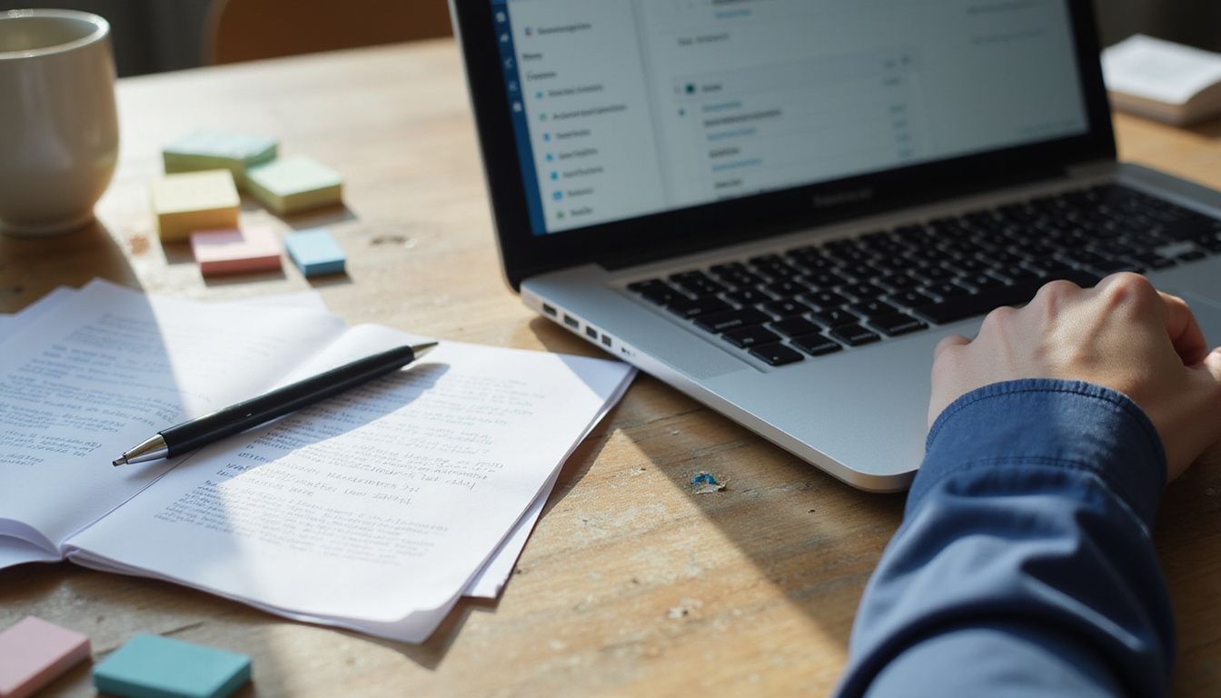 A cluttered office desk featuring a laptop, notes, and coffee mug.