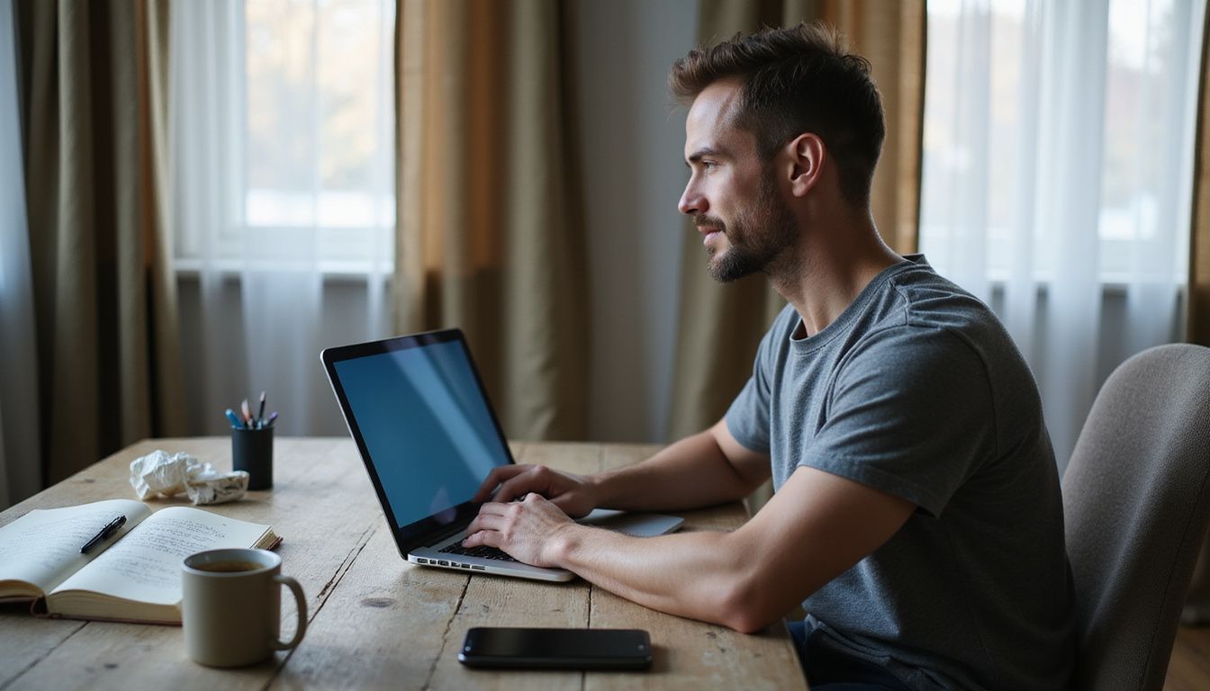 A man sits at a desk, focused on his laptop.