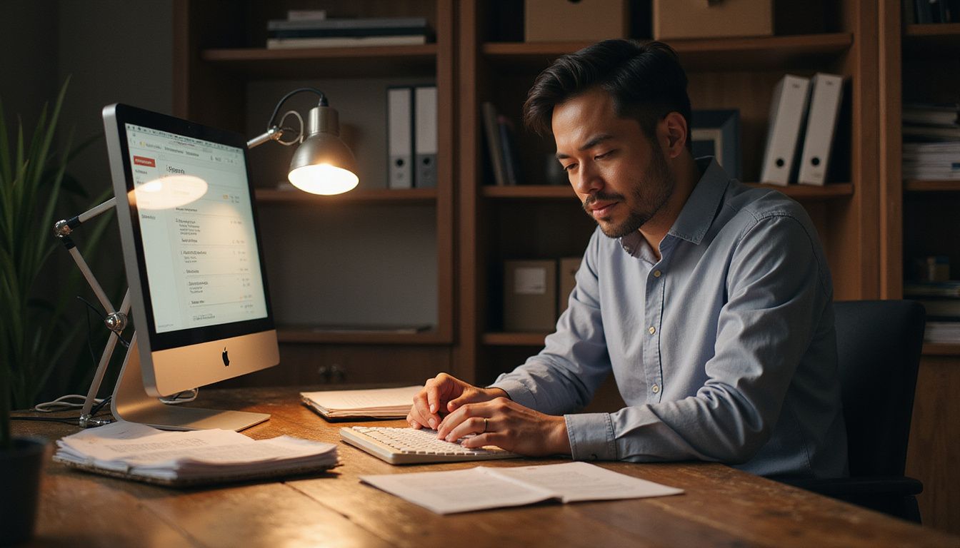 A dedicated salesperson works at a cluttered wooden desk.
