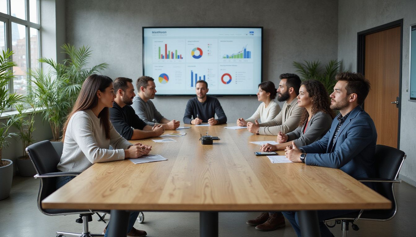 A diverse team collaborates in a modern office boardroom meeting.