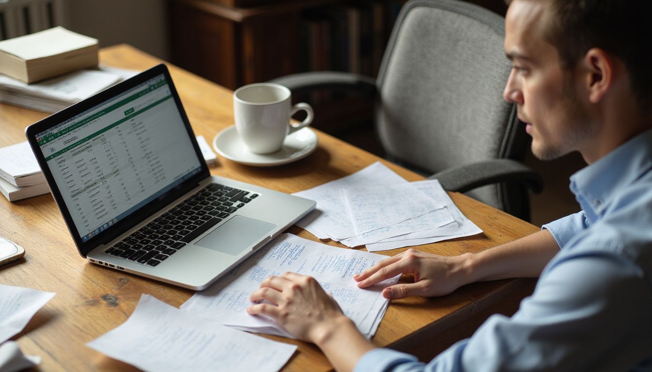 A focused individual works at a cluttered wooden desk with a laptop.