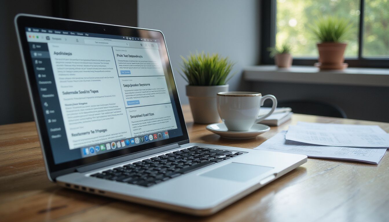 A sleek laptop displays email templates on a wooden desk.