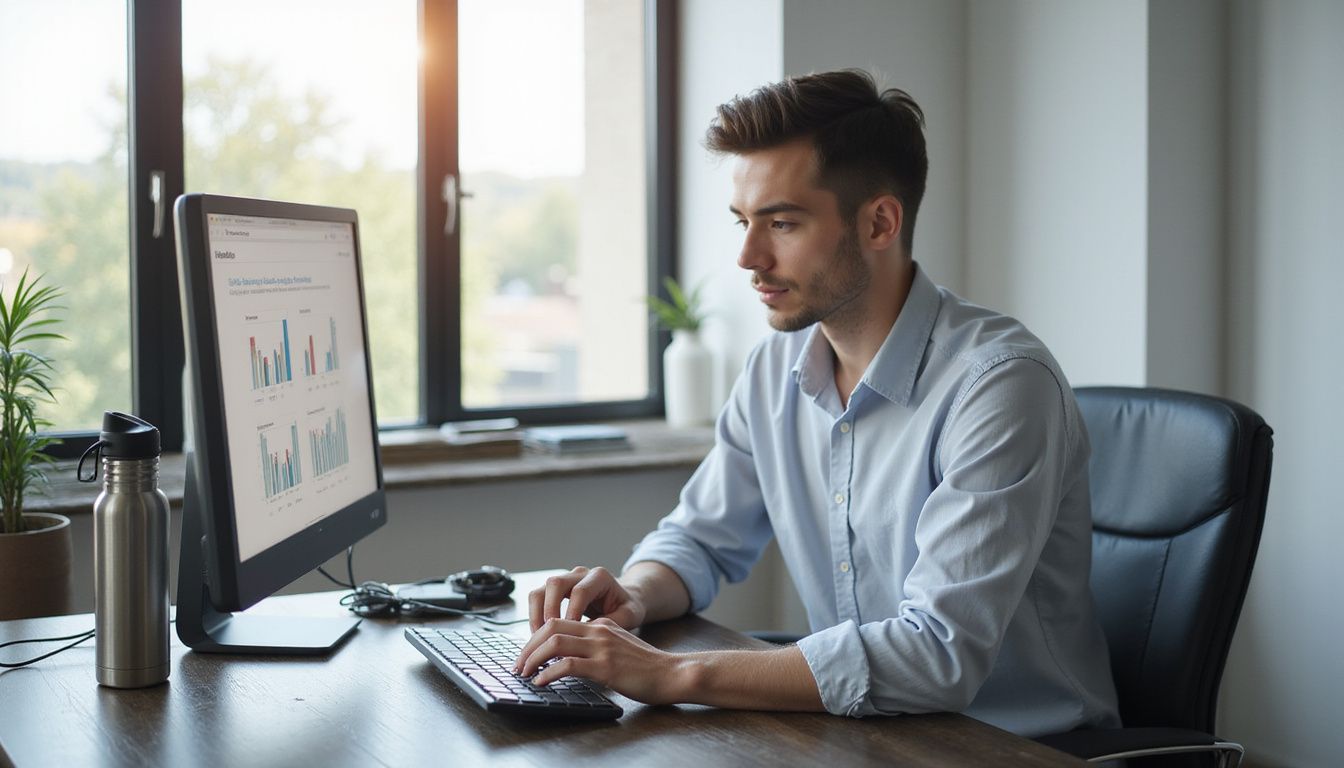 A young professional organises digital sales sequences at a sleek desk.