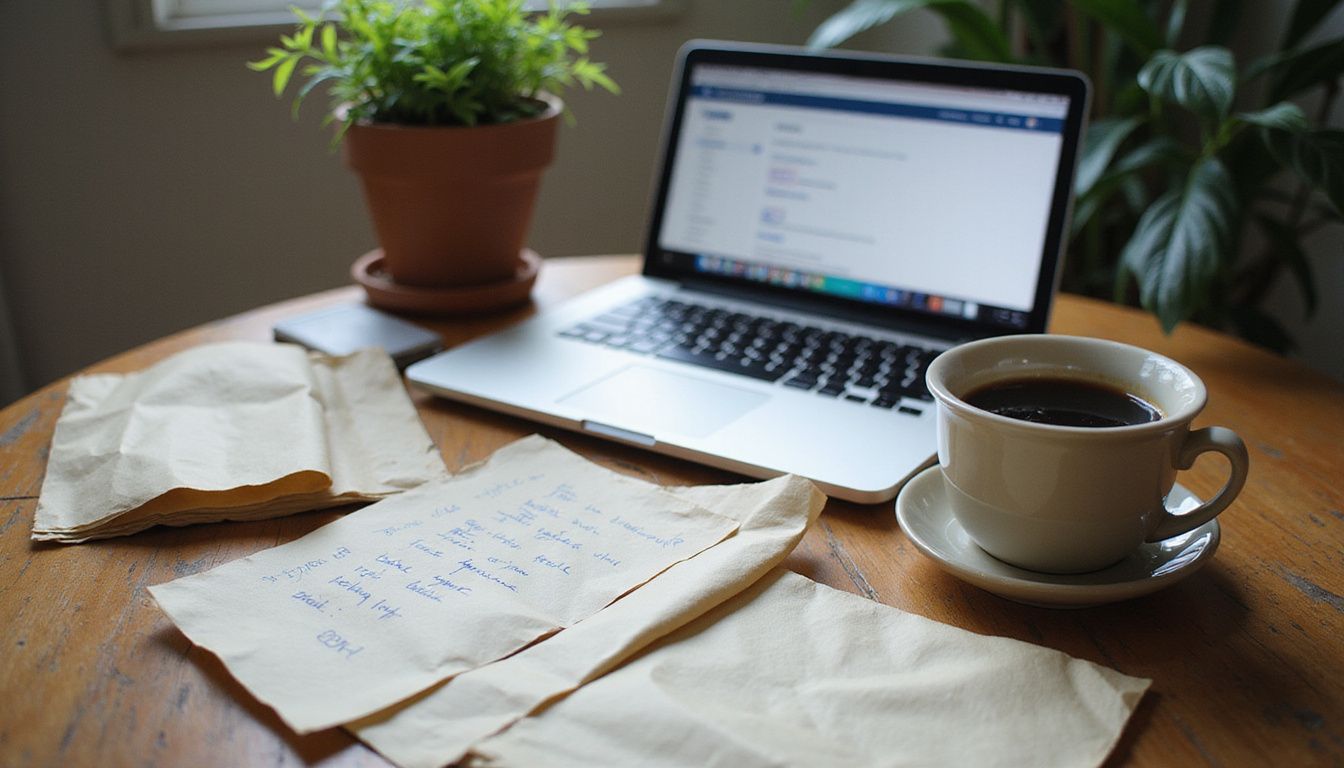 A cluttered desk with coffee, papers, a laptop, and a plant.