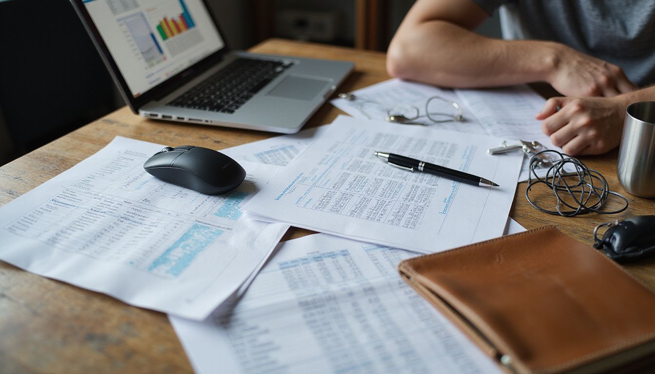 A cluttered office desk filled with spreadsheets and work tools.