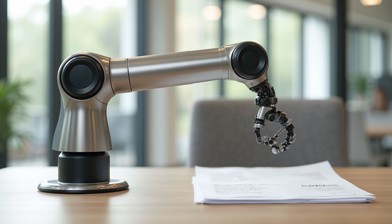 A sleek robotic arm efficiently sorts invoices on a modern desk.