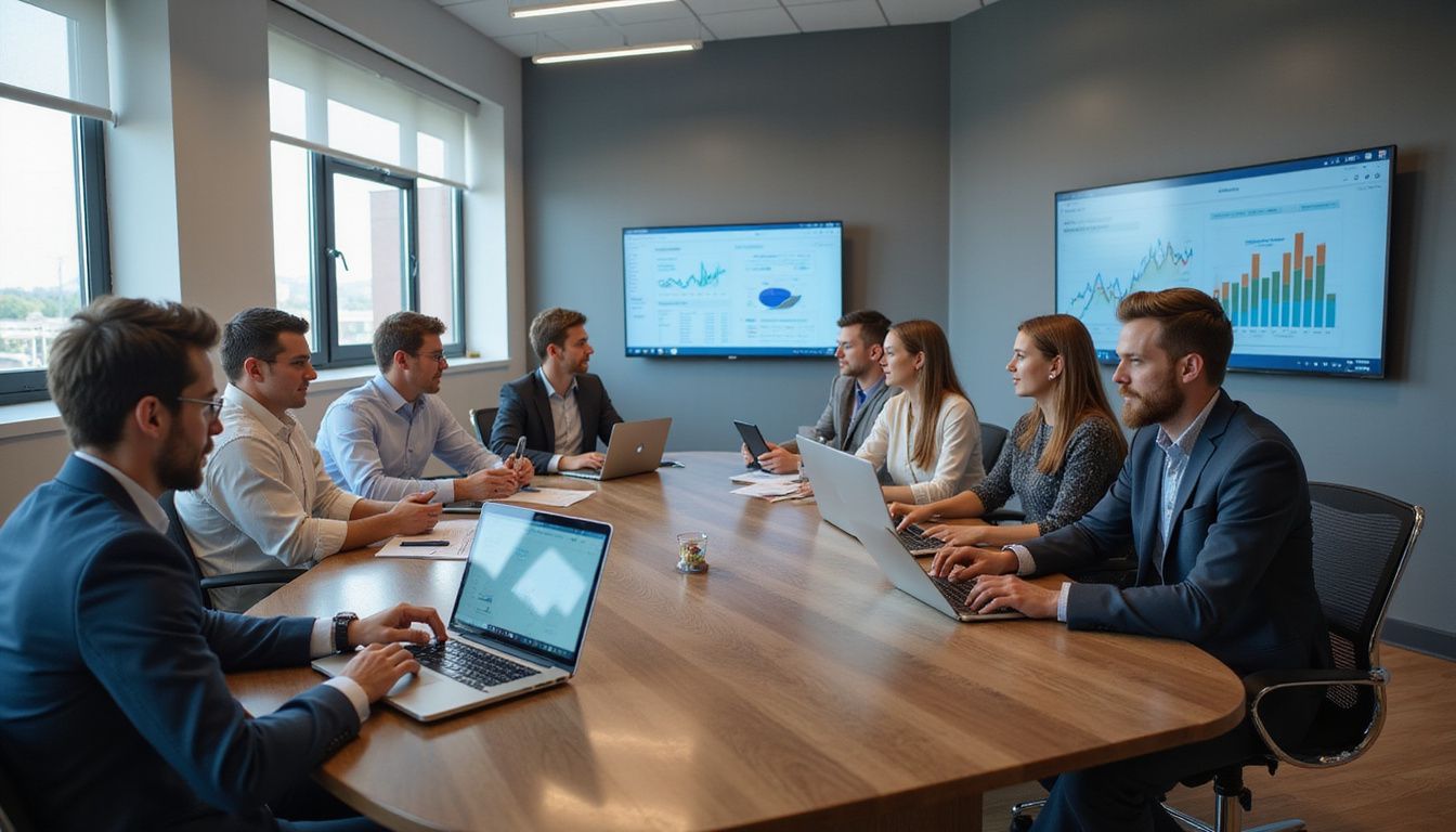 A modern office meeting room with professionals engaged in collaborative work.
