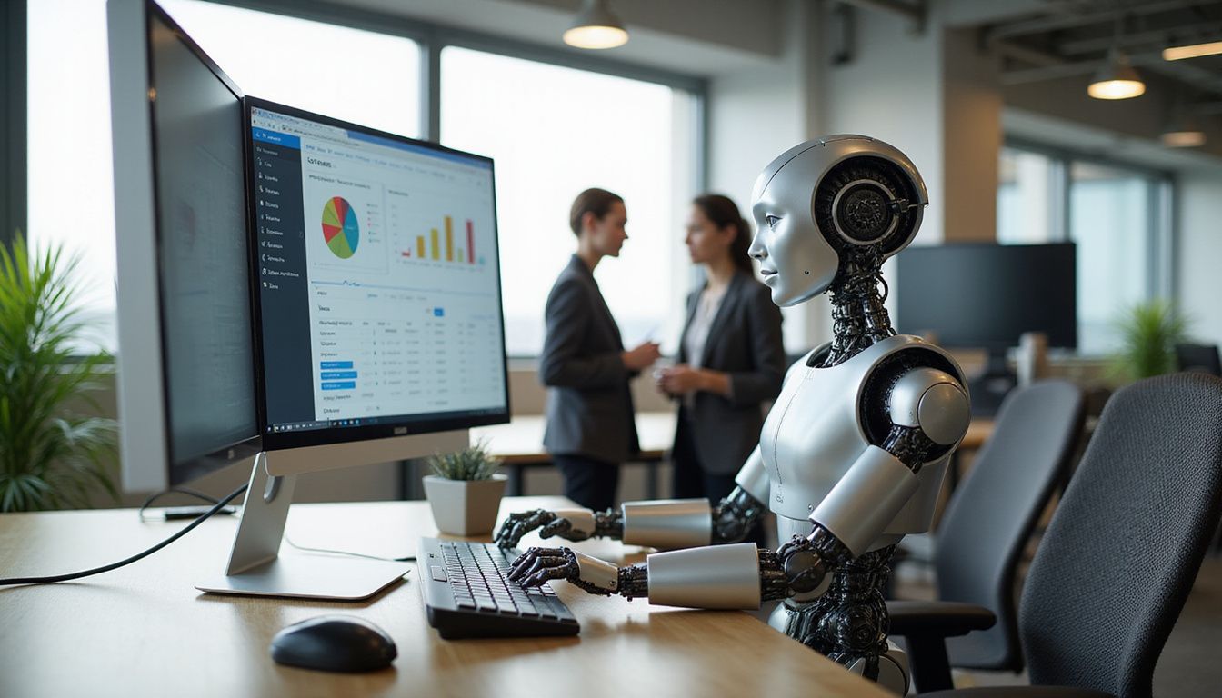 An AI-powered RPA bot enhances productivity in a modern office.