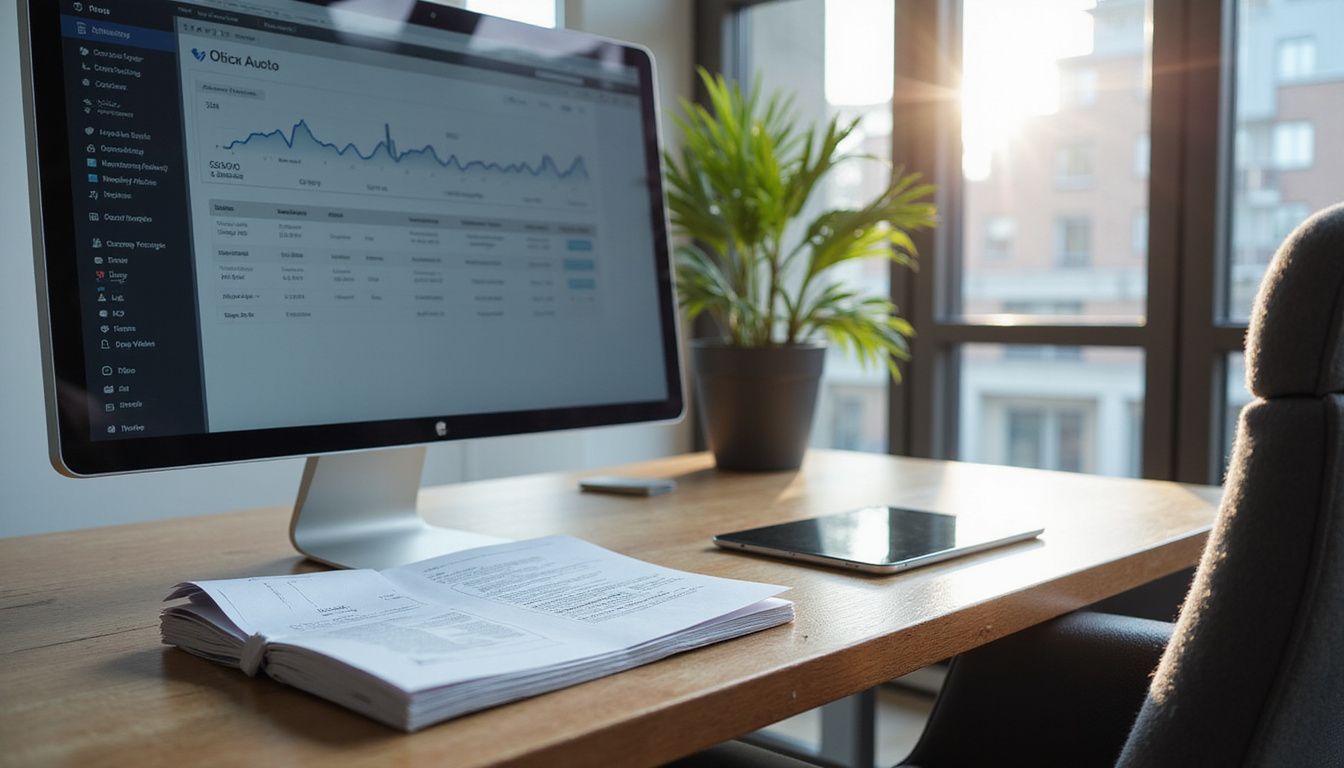 A tidy office desk featuring a computer, invoices, and a tablet.