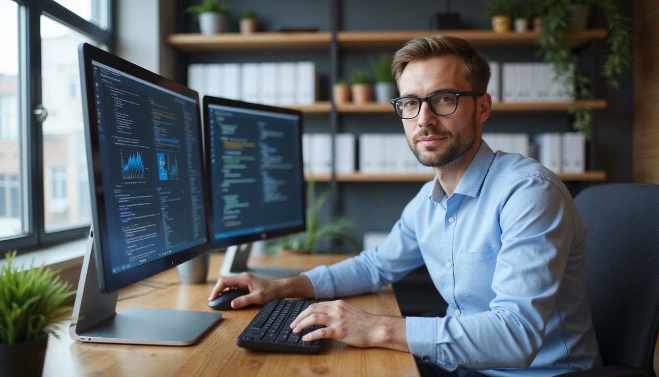 A focused man works at a sleek desk, engaging with technology.