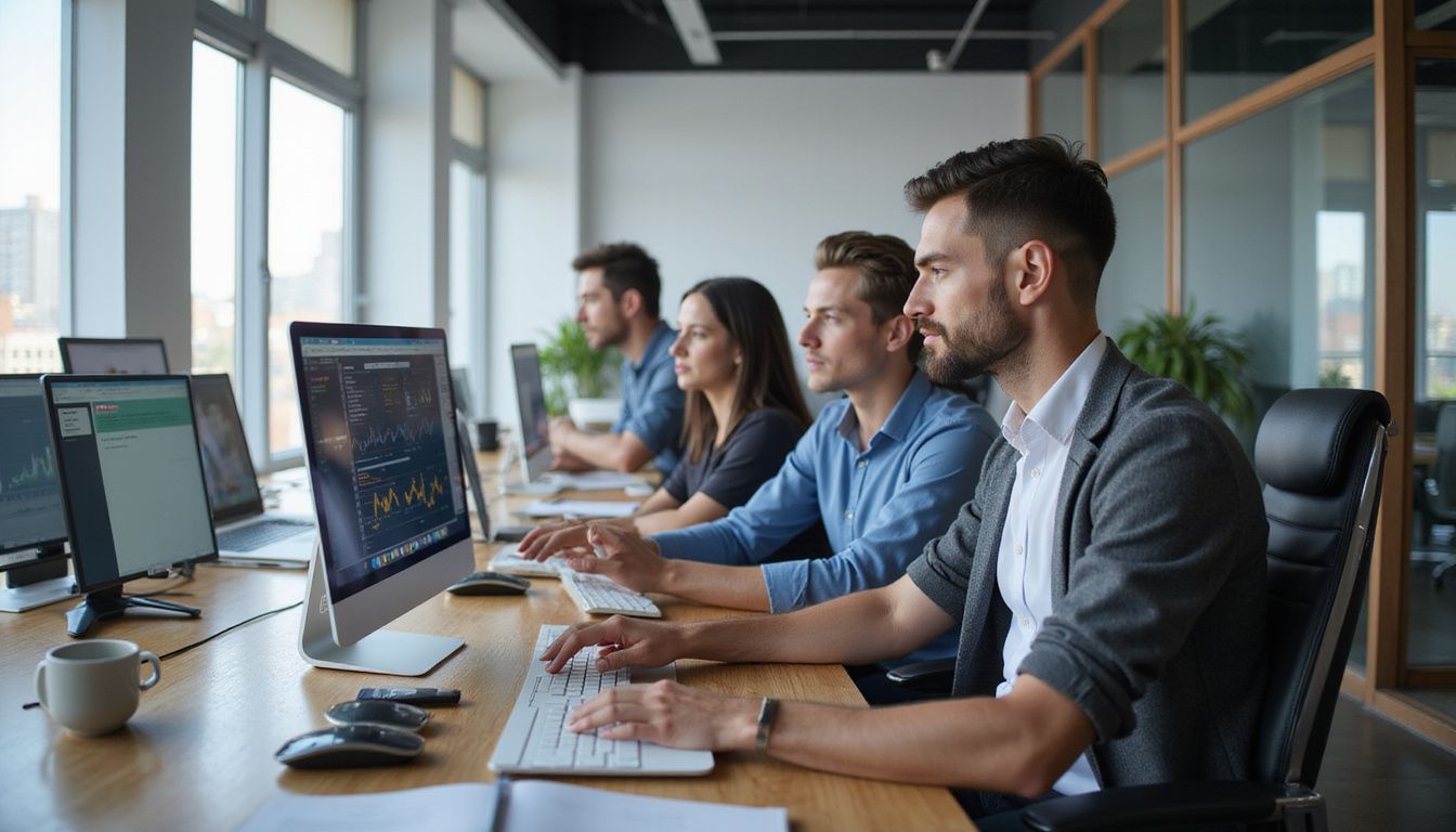 A diverse group of professionals collaborates in a modern office environment.