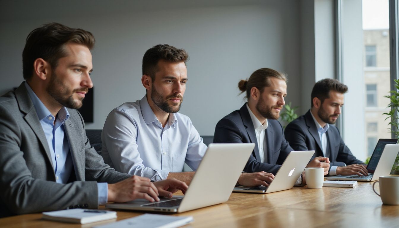 Business professionals collaborate in a modern, minimalist office space.