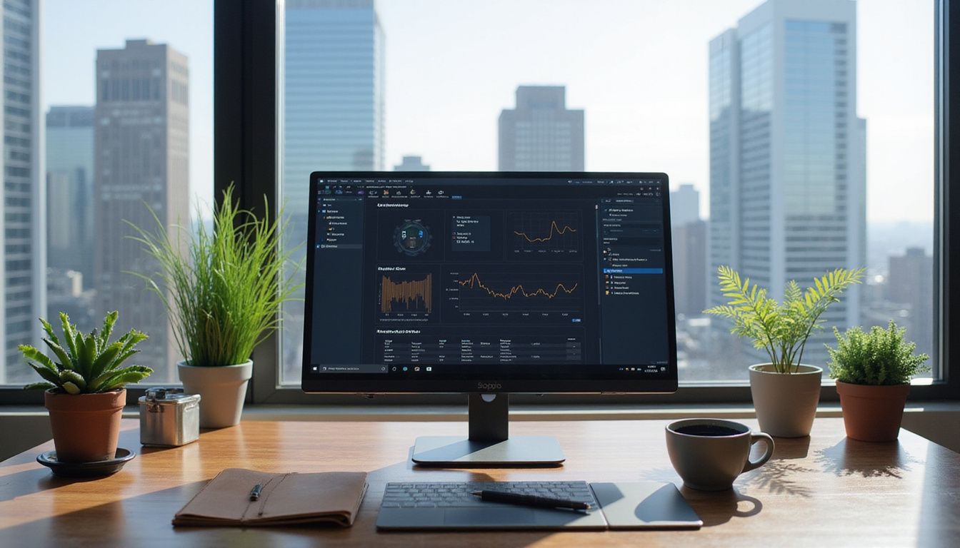 A modern office desk with RPA software and a city skyline view.