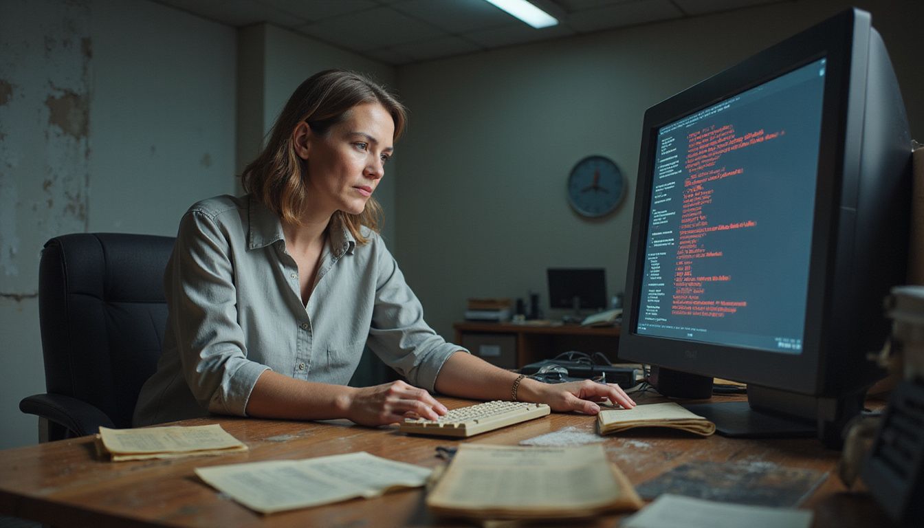 A middle-aged woman struggles with outdated technology amid a cluttered office.
