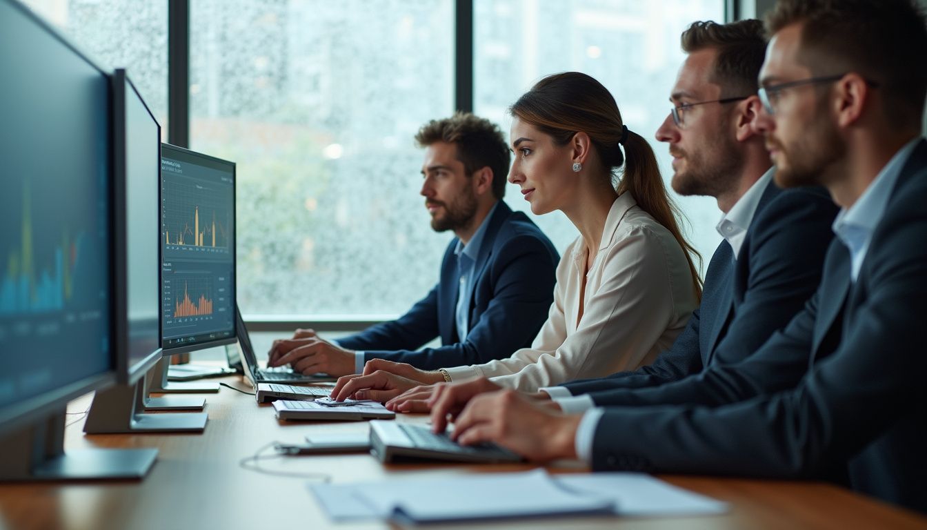 A diverse team collaborates on advanced fraud detection in a modern office.