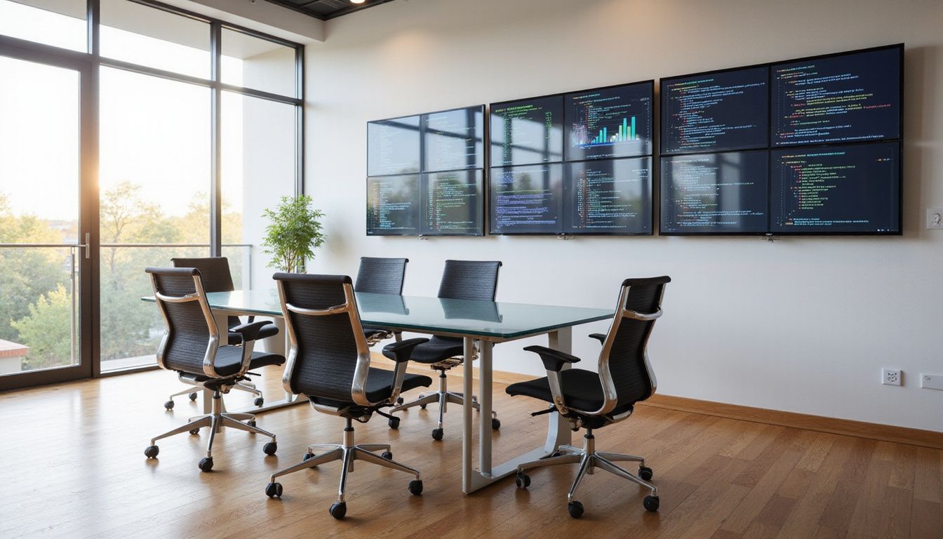 A sleek, minimalist office showcasing advanced AI and RPA technology.