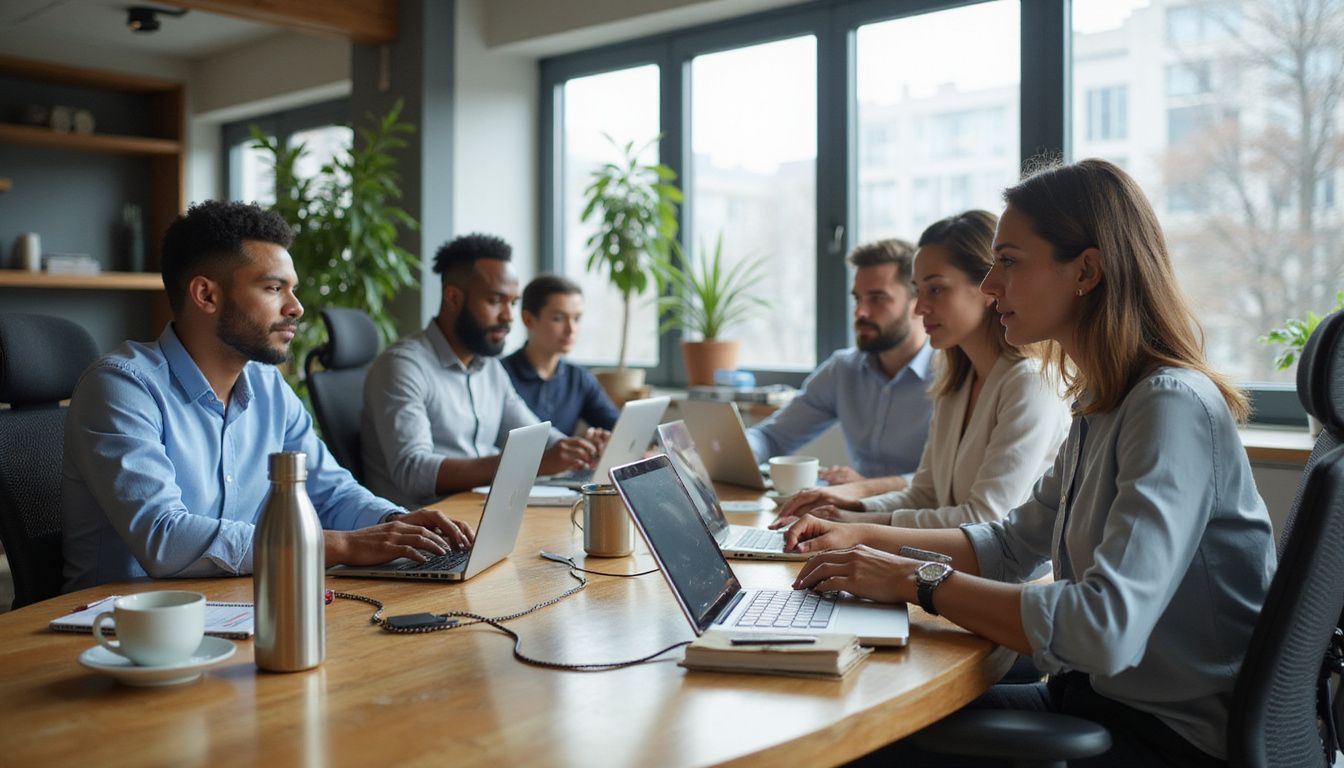 A modern office filled with focused professionals using AI technology.