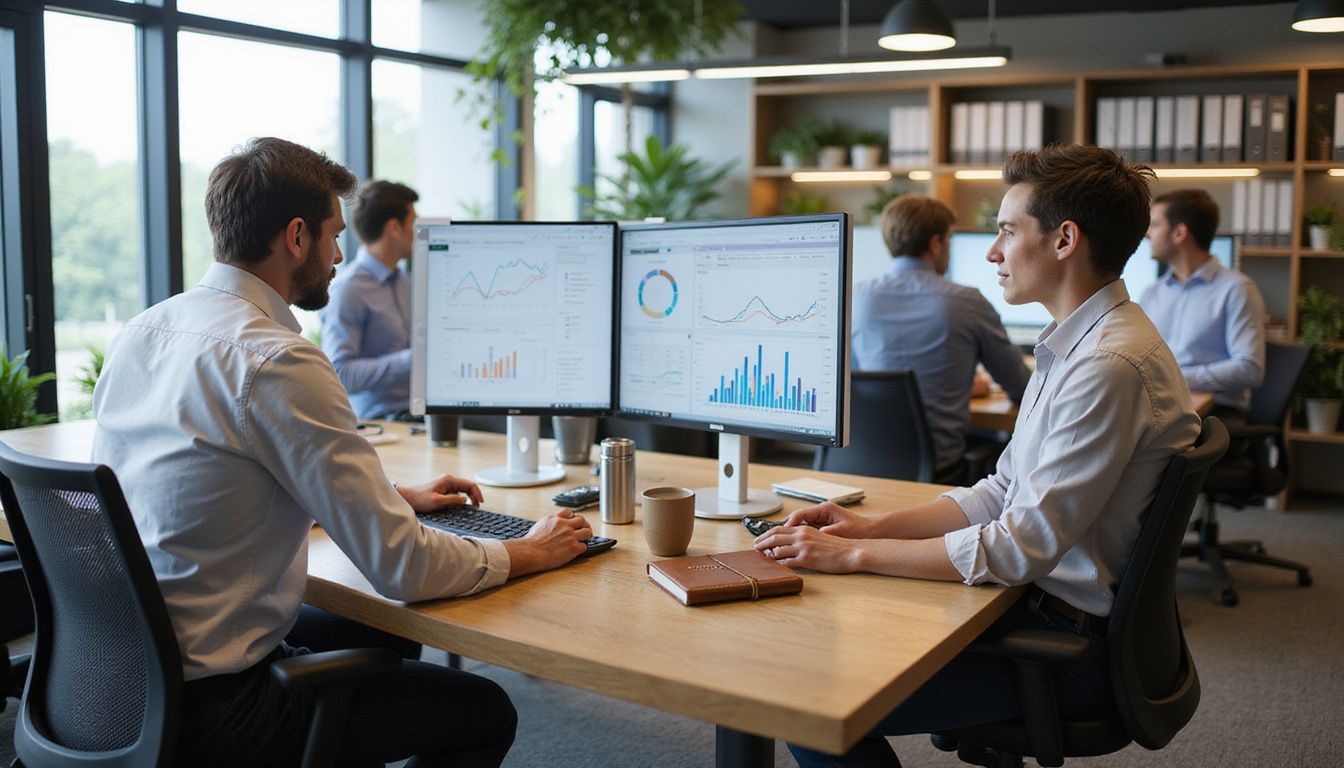 A modern office bustling with focused employees in casual business attire.