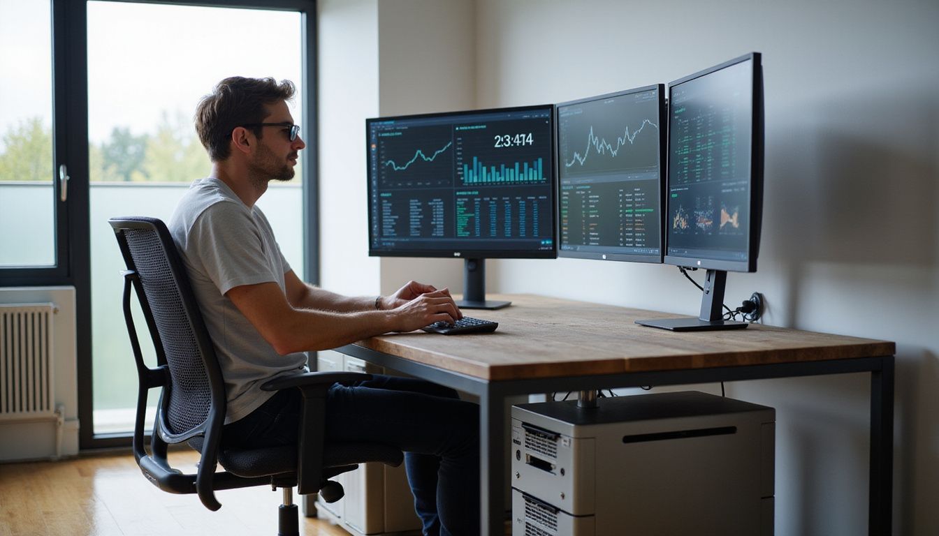 A modern analytics workspace with multiple monitors and sleek furnishings.
