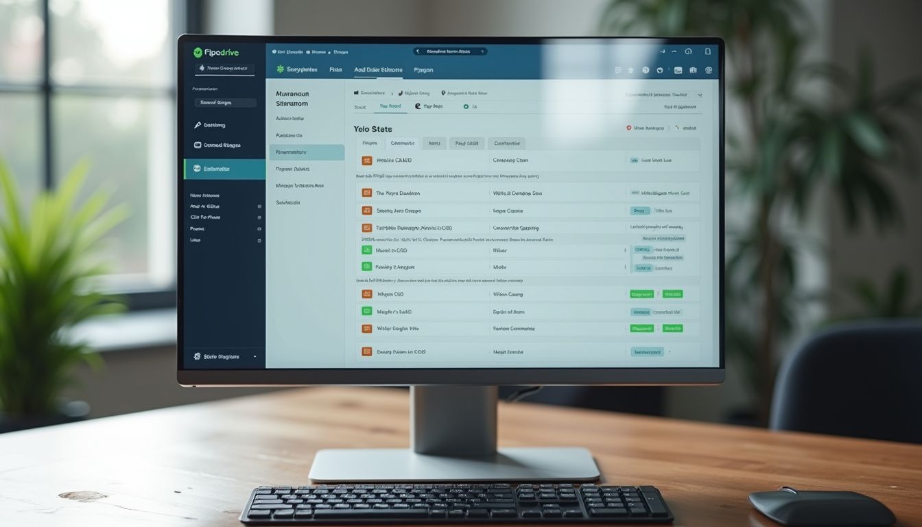A modern digital workspace featuring a detailed CRM dashboard on a monitor.