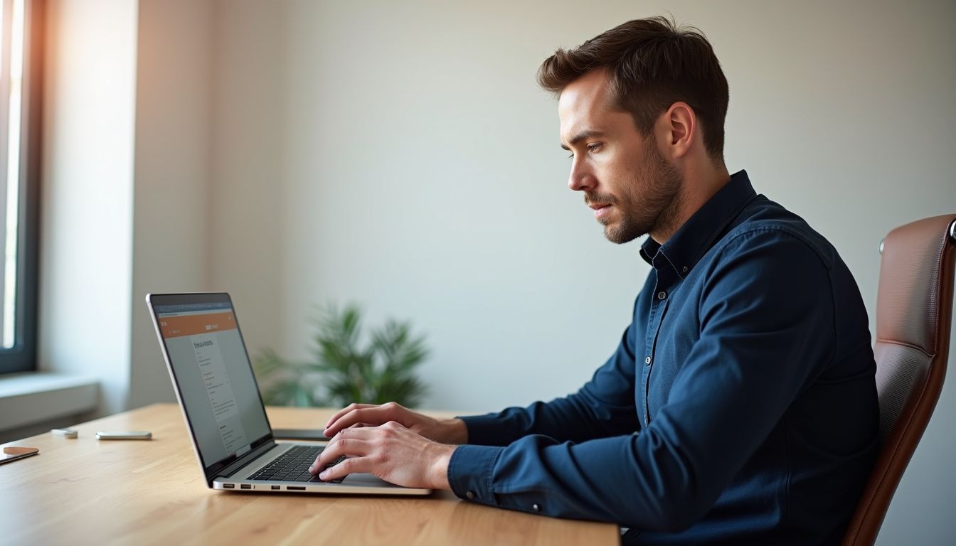 A focused man types on a laptop in a modern office.