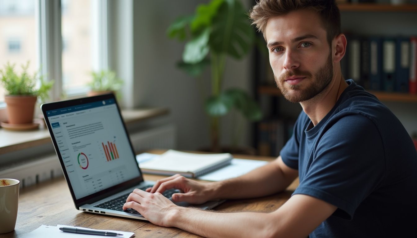 A man at a desk uses Pipedrive Sequences on his laptop.