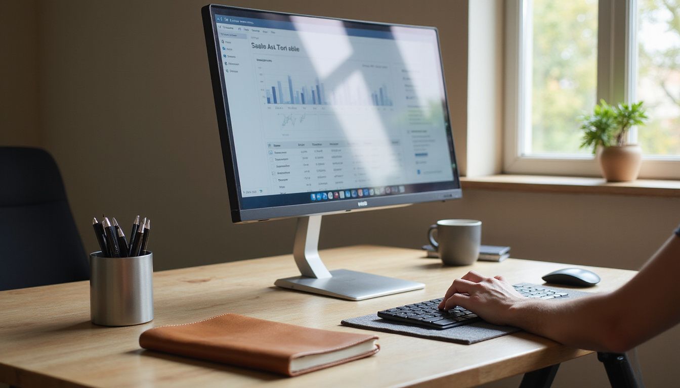 A pristine desk displays a sales automation software dashboard and organised supplies.